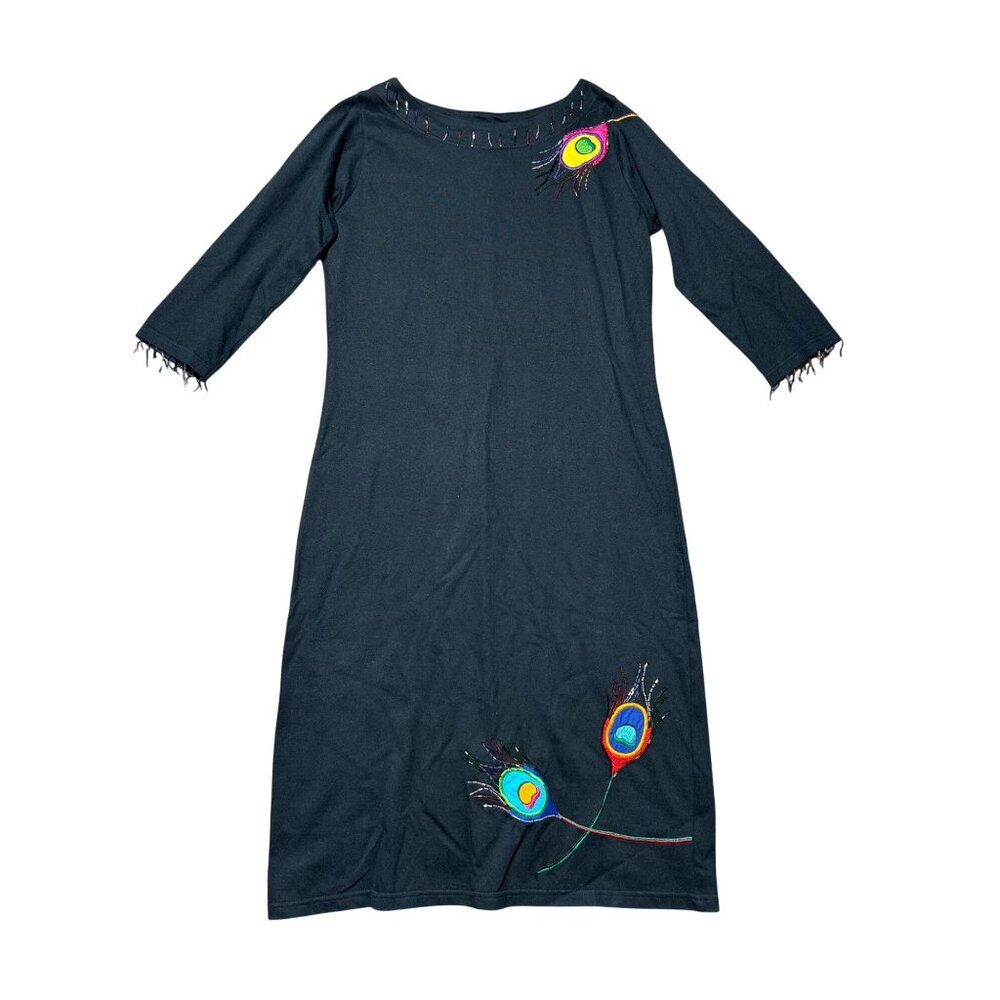 Michael Simon Women's Sz M Dress Lite Peacock Feather Embroidered 3/4 Sleeve